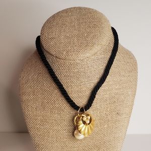 Vintage 80s Black Cord necklace with 2 gold tone charms with faux pearls.